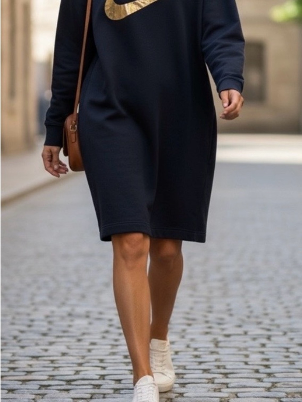 Nike Black Mini Sweatshirt Dress with Gold Swoosh